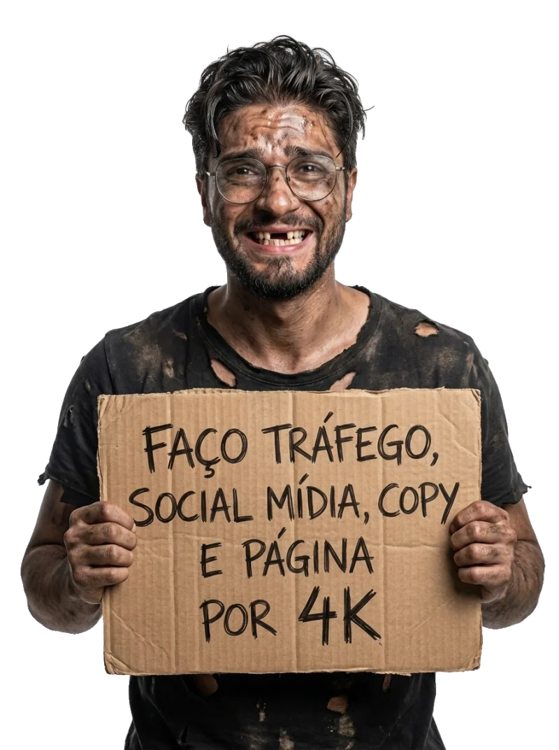 Profissional de marketing tradicional, desgastado, segurando um cartaz de papelão que oferece tráfego, social mídia, copy e página por 4 mil reais