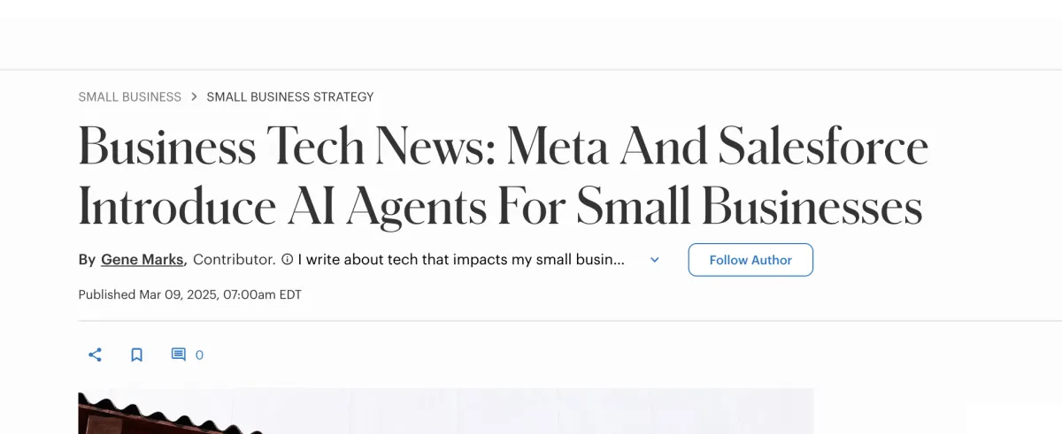 Manchete da Forbes: Meta e Salesforce lançam agentes de IA para pequenas empresas.