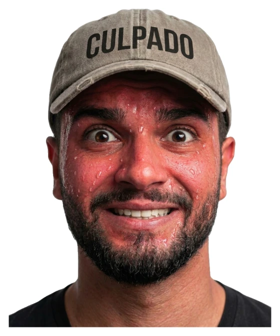 Sticker do gestor de tráfego de boné escrito CULPADO, com cara de desespero tentando parecer que está tudo bem